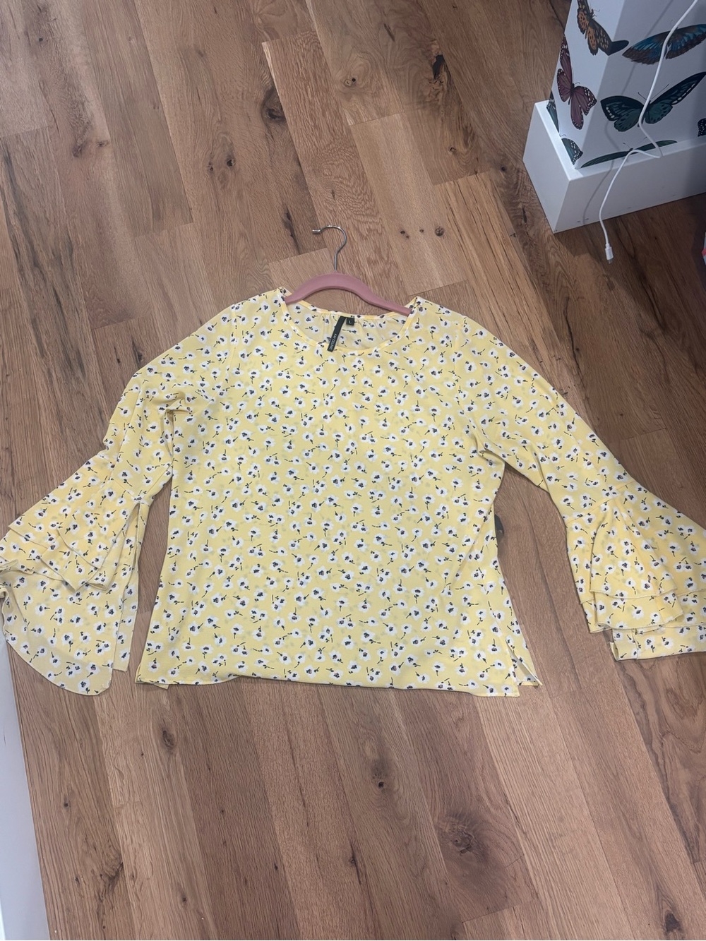 Yellow Floral Bell-Sleeve Blouse - Feminine Spring Top